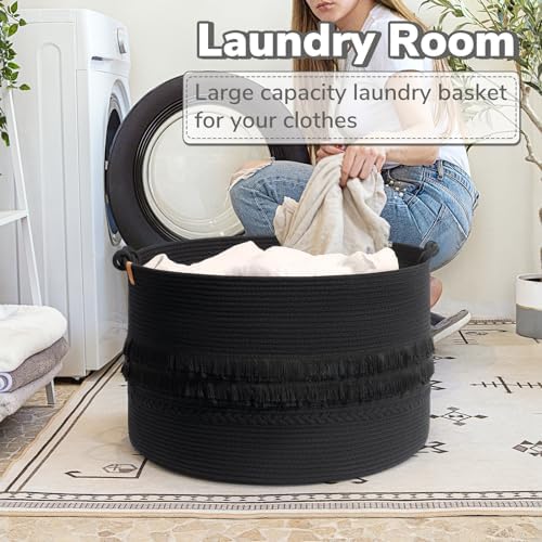 CherryNow 90L Large Woven Rope Blanket Basket with Tassel, 22" x 14", Black - Image 5