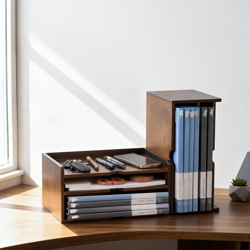 Wooden Desk Organizer with File Sorter, Stackable Paper Tray & Mail Holder - Image 2