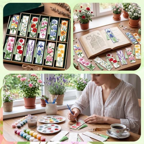 Kosiz 12 Pcs Flower Paint by Number Kit for Adult Floral Wood Bookmark - Image 5