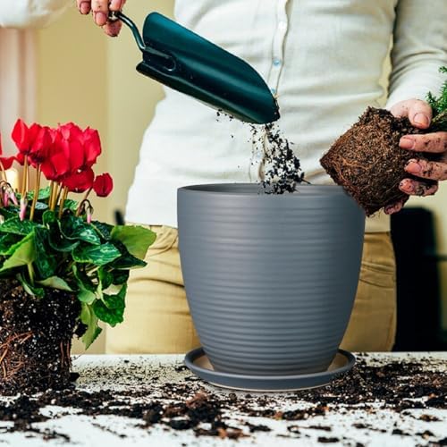 10 Inch Ceramic Planter Round Plant Pots for Plants Indoor Outdoor Glaze Large Flower Pot with Drainage Hole and Saucer Gray - Image 4