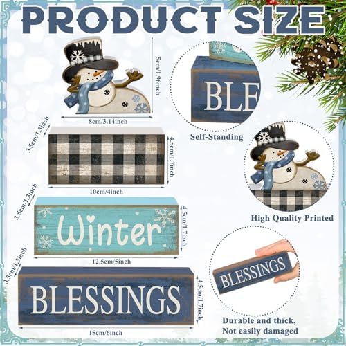 Moucuny 4 Pcs Winter Snowman Wooden Signs Farmhouse Tiered Tray Decor - Image 5