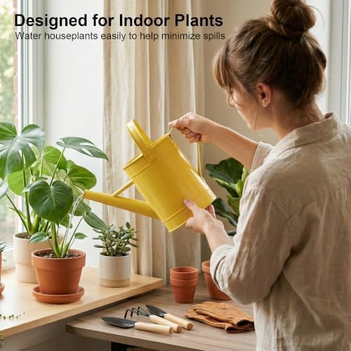 Topadorn 55 oz Metal Watering Can with Long Spout for Indoor Plants, Yellow - Image 2