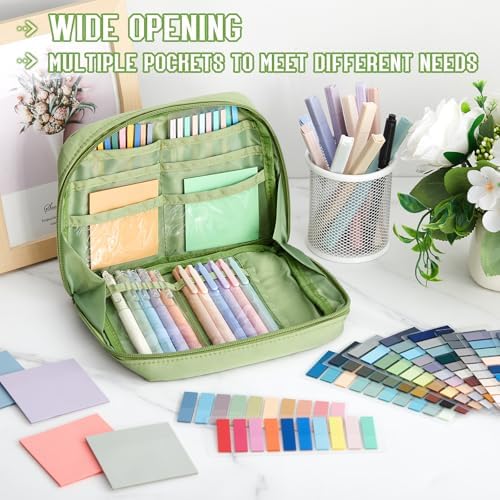 135 Pcs Book Annotation Kit Aesthetic Pencil Case Bag 12 Highlighter 11 Gel Pen 1 Marker 300 Sheet Transparent Sticky Notes Pad 2640 Index Stickers Bible Study Supplies(Kawaii,Green) - Image 2