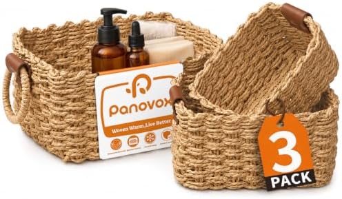 Small Wicker Baskets, 3 PCS Paper Rope Baskets for Shelves, Brown by Panovox