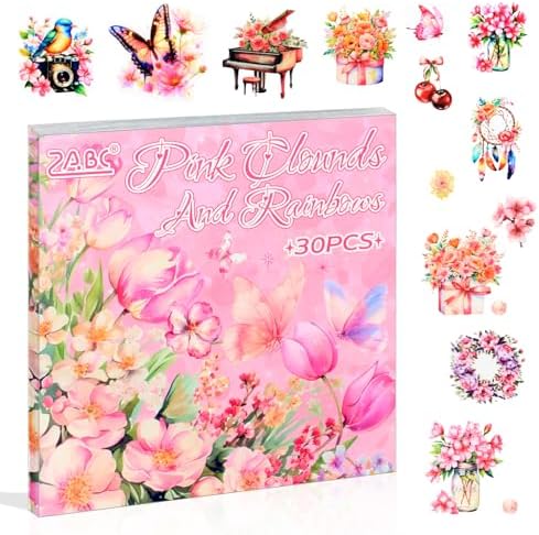 30 Sheets Precut Pink Garden Landscape Stickers Book for Junk Journal Supplies, Transparent PET Stickers for Journaling, Scrapbooking, Bujo, Collage, Card Making by Dwpetzo