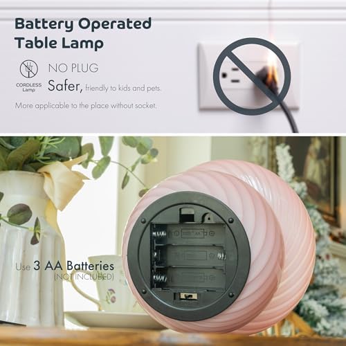 ULAROOM Battery Operated Mushroom Lamp - Vintage Small Table Lamp With Timer, Cordless Bedside Nightstand, Glass Battery Powered for Bedroom Kitchen Living Room Shelf Decor Aesthetic Pink - Image 5