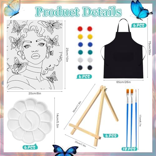 Motipuns 6 Set Pre Drawn Canvas for Painting for Adults Sip and Paint Kit with Easels 8 x 10 Inches Paint Party Kit with Printed Canvas Paints Brushes Palette Apron(Butterfly Girl) - Image 2