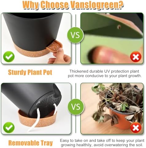 Vanslogreen Planters for Indoor Plants 7/6.5/6/5.5/5 Inch, Self Watering Flower Pots with Drainage Holes and Saucers 5 Pack Plastic Pots for Plants, Succulents, Herbs, Cactus, Flower, Black - Image 5