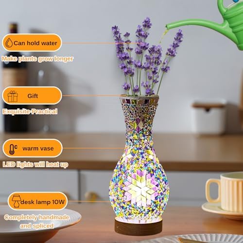 Mosaic Vase Lamp, Turkish Table Lamp with Wood Base, USB LED - Image 3