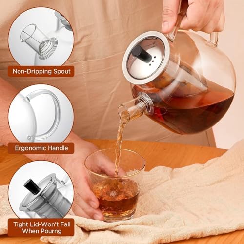 Glass Teapot with Removable Infuser,Ehugos 800ml (27OZ) Stovetop Safe Small Tea Pot, Blooming and Loose Leaf Hand Crafted Kettle for Women and Adult with Stainless Infuser - Image 2