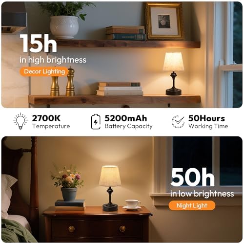NIORSUN Portables Cordless Table Lamp, 10.2" Battery Operated Lamp, Bedside Table Lamp with Warm White Color,3 Way Dimmable Touch Desk Lamp for Bedroom Living Room Restaurant Black - Image 6