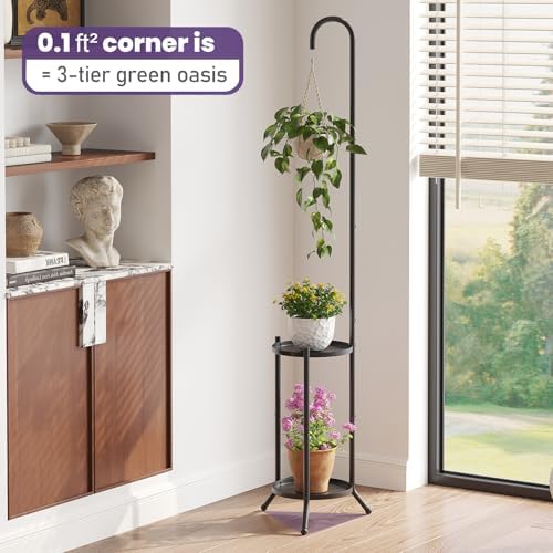 2-Tier Metal Plant Stand with Hanging Hook, Indoor Outdoor Plant Shelf,Heavy Duty Plant holder Rustproof Iron Multiple Plant Round Supports Rack for Planter Corner Garden Balcony Patio (Black) - Image 4