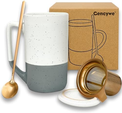 Gencywe Ceramics Large Tea Cup with Loose Leaf Infuser, Spoon and Lid, 16 oz Tall Coffee Mug, Microwave and Dishwasher Safe, Rustic Matte Ceramic Glaze, Tea Strainer (Gray) by Gencywe