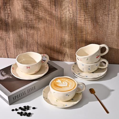 Koythin 8.5oz Handmade Ceramic Mug With Saucer, Dot Blue Flower Latte Cup - Image 7