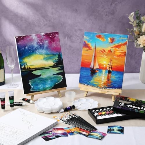 Cholemy 6 Set Paint and Sip Kit for Adults 8"x 10" Pre Drawn Canvas Painting with Wooden Easel Acrylic Paint Wash Cup Brushes Palette Apron for Painting DIY Adult's Date Party Supplies(Landscape) - Image 2
