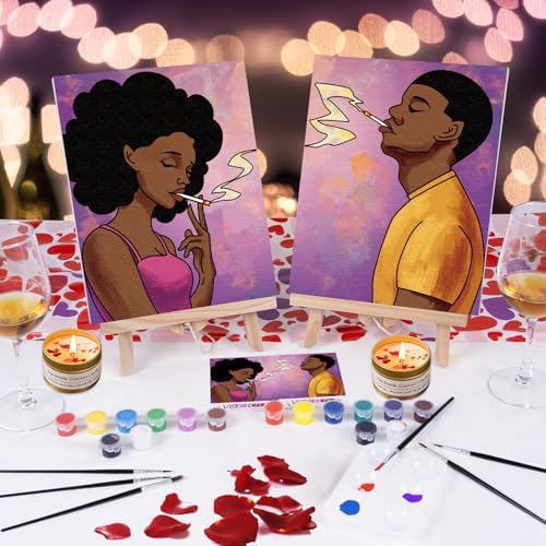 VOCHIC 2 Pack Sip and Paint Kit for Adults Pre Drawn Canvas Painting Art Set with Outline Canvas Couples Date Night Valentine's Day (Afro Girl Boy, 8 x 10 Inches) - Image 2