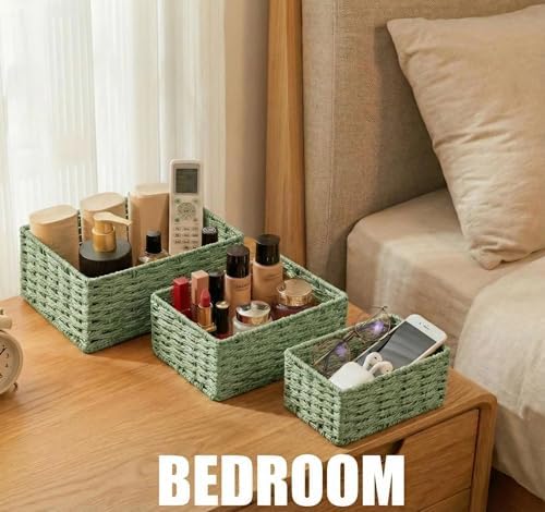 Small Wicker Basket for Organizing, Woven Storage Basket Set of 3 - Handwoven Natural Paper Rope Baskets to Declutter Any Room, Perfect for Organizing and Home Decor (Green) - Image 3