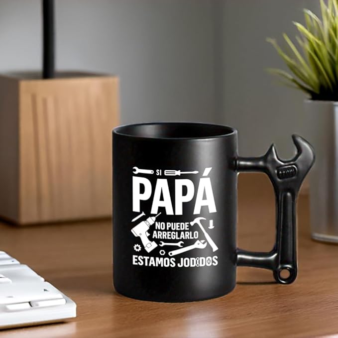 LOZACHE Cool Mug for Dad - If Dad Can't Fix It... - Original Father's Day Gift - 350 ml - Black mug With Wrench-shaped Handle, Dad's Birthday Gift, Christmas, Father's Day (Black for Papá)