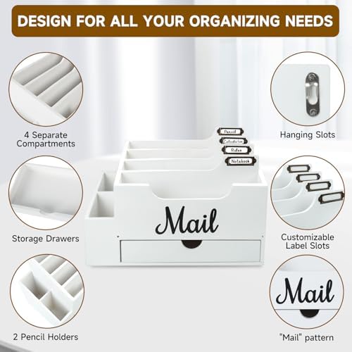 Wood Desk Organizer, Mail Organizer Countertop with 2 Pen Holders - Image 4