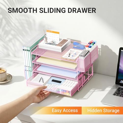 4-Tier Desk File Organizer with Drawer & Pen Holder (Pink) - Image 5