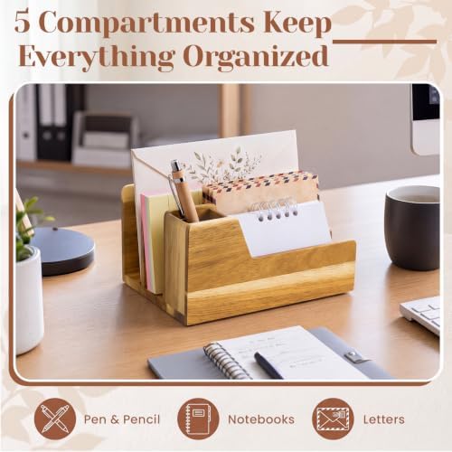 Novabright Acacia Wood Mail Organizer with Pen Holder, 4 Slot Desk File Organizer, Wooden Letter Sorter for Desk, Compact Desktop Document Holder for Home Office Storage Back to School - Image 3