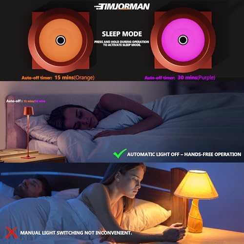 Timjorman Compact Cordless Table Lamp, Rechargeable LED Night Light, Dual Light Source (RGB Top & Warm Bottom), Touch Control & Timer, Metal Lamp for Bedroom & Kids Room (Red 1-Pack) - Image 6