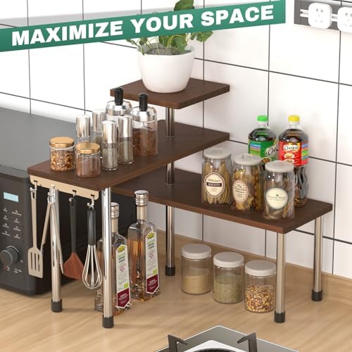 ZHWS Bathroom Counter Organizer for MakeUps, Dresser Table, Kitchen Countertop Organizer Adjustable 3 Tier Corner Shelf with 4 Metal Hooks for Coffee Bar, Spice Rack, Over Sink - Image 3