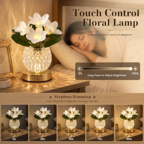 Flower Table Lamp, 3 Colors Touch Dimming Magnolia Glass Night Light, Rechargeable Artificial Flower Light, LED Flower with Vase Lamp Romantic Decor for Date Party Home (White - Magnolia) - Image 2
