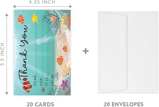 Andaz Press Kids Fill in the Blank Thank You Cards - 20 Cards Including Envelopes Under The Sea Gender Neutral Note Cards For Boys Girls Birthday Party Thank You Notes for Friends Family Party Guests