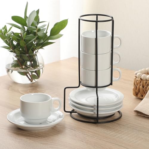 Gibson Home Gracious Dining 3-Ounce Espresso Cups Set of 4, Small Stackable Coffee Cups with 4 Saucers, Metal Stand, Ceramic Demitasse Mugs, Espresso Accessories for Machine - Image 3