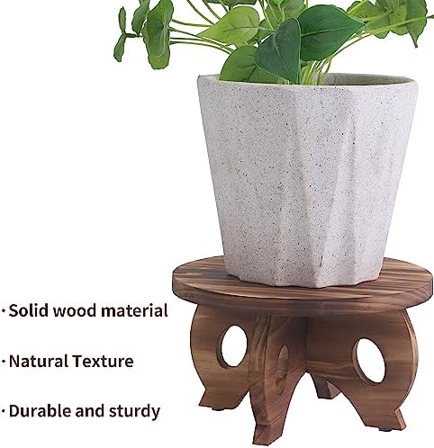 Small Wooden Plant Stand Indoor, 10-Inch Round Pine Wood Plant Riser and Display Pedestal for Tabletop, Countertop and Home Decor, Brown - Image 2