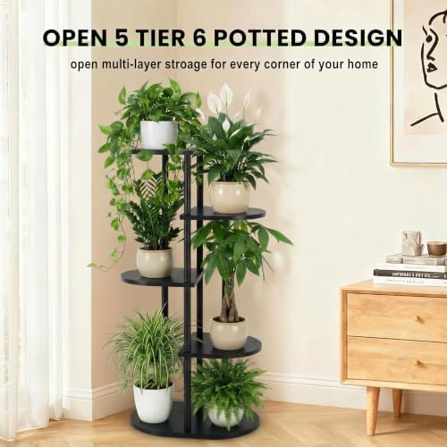 Tiered Plant Stand Indoor, Tall 5 Tier 6 Potted Wooden Plant Shelf for Multiple Flower Plants, Multi Corner Metal Plant Holder Indoor for Patio Garden Patent Design Living Room Balcony Bedroom, Black - Image 5