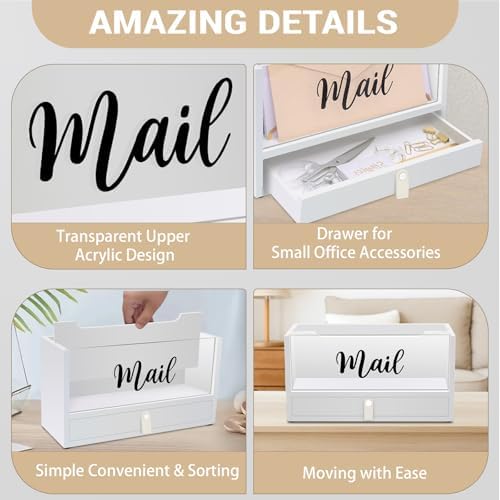 Two-Layer Solid Wooden Mail Storage Organizer Holder with Clear Acrylic Top and Bottom Drawer, Leather Handle, Keeping Mail, Bills, Letters, Cards and Office Supplies in One Place, Home Decor Gifts - Image 3