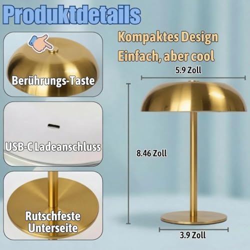 2 Pack Portable LED Mushroom Table Lamp, Metal Cordless Desk Night Light, Stepless Dimming Touch Lamp with 3 Colors for Bedroom Bedside Restaurant Bar, Golden - Image 2