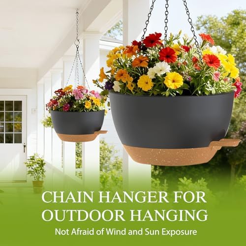 12 Inch Hanging Baskets 2 PC with Chains, Self-Watering Hanging Planters for Indoor Outdoor Plants, Plastic Hanging Flower Pots,Black Brown - Image 5