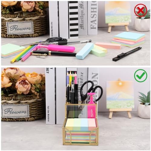 Sticky Note Holder,Glass Post It Note Dispenser with Pen Slot,Gold 3 x 3 Inch Post It Note Holder for Desk,Stylish Sticky Note Dispenser for Home Office Desk - Image 4