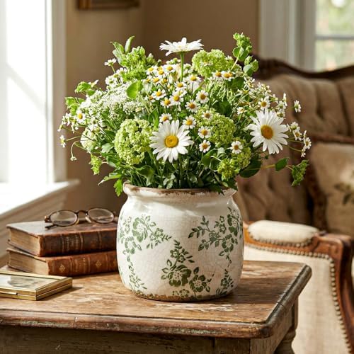 5.9'' Vintage Ceramic Planter, Ice Crack Glaze Green Ditsy Floral - Image 4