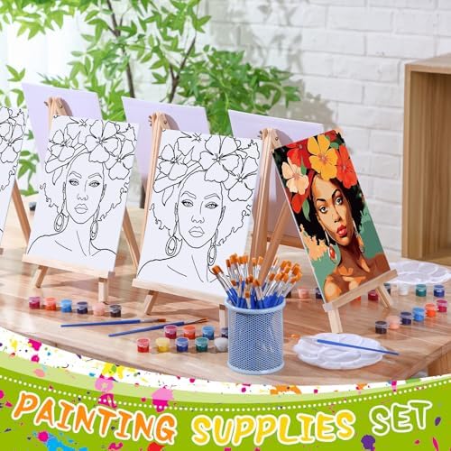 Motipuns 6 Set Pre Drawn Canvas for Painting for Adults Sip and Paint Kit with Easels 8 x 10 Inches Paint Party Kit with Printed Canvas Paints Brushes Palette Apron(Beauty and Flowers) - Image 3
