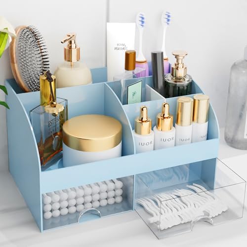 Makeup Organizer with Drawers, Cosmetic Storage for Dresser Vanity and Bathroom Countertop, Beauty Holder for Lipstick Brush, Skincare Organizer for Vanity, Cosmetic Display Case (Blue) by COMFYROOM
