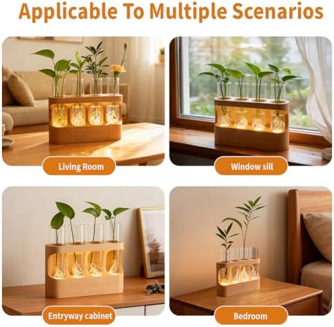 Rechargeable Plant Propagation Station with Wooden Stand,Desktop Terrarium Home Decor Dimmable LED Light 4 Glass Tubes Vases for Hydroponic Plants for Women - Image 5