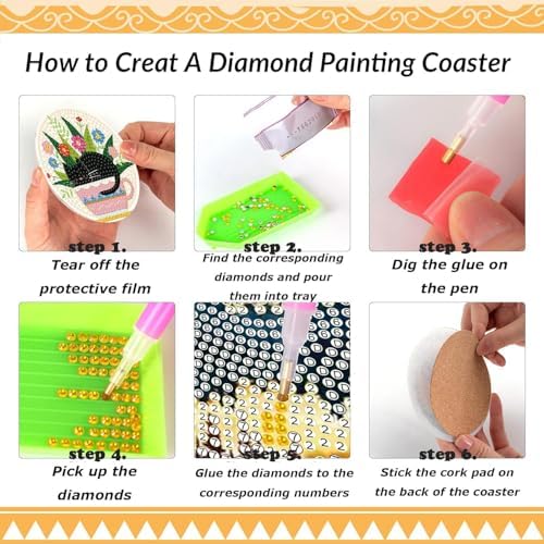 Clendo 8 Pcs Black Cat Diamond Art Coasters Kit - DIY 5D Small Diamond Painting Coasters with Holder, Flowers Diamond Art Kits for Adults Coasters, Arts and Crafts for Adults - Image 5