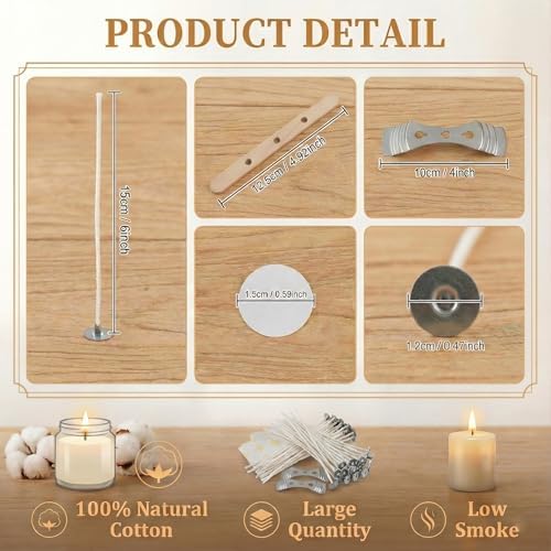 Candle Making Kit – 100 Pre-Waxed Wicks (6 Inch/15cm), 100 Wick Stickers, 5 Wooden & 1 Metal Cantering Device Holder – Low Smoke Cotton Core for Soy & Beeswax DIY Candle Crafting - Image 3