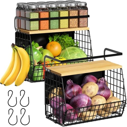 Ofiray-home Magnetic Shelf for Fridge with Wood Lid, Fruit Potato and Onion Storage Bins, Pantry Organizers & Storage, Large Container Magnetic Spice Rack for Refrigerator, Kitchen Counter (Black, 2) by Ofiray-home
