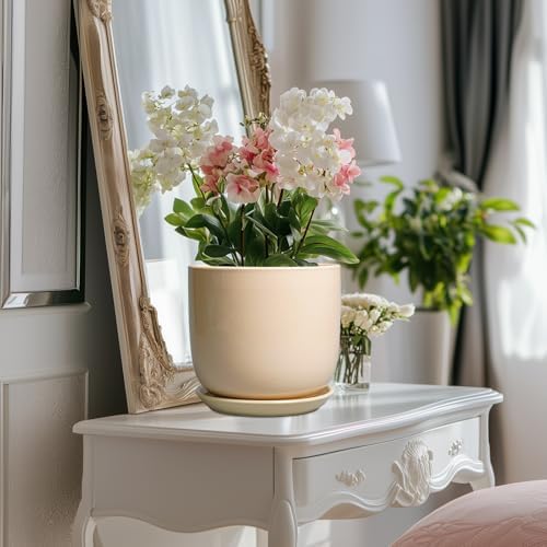 Ceramic Planter - Round Modern 8 Inch Plant Pot with Drainage Hole and Saucer for Flowers Herb, Home House Office Room Apartment Decor, Yellow - Image 5
