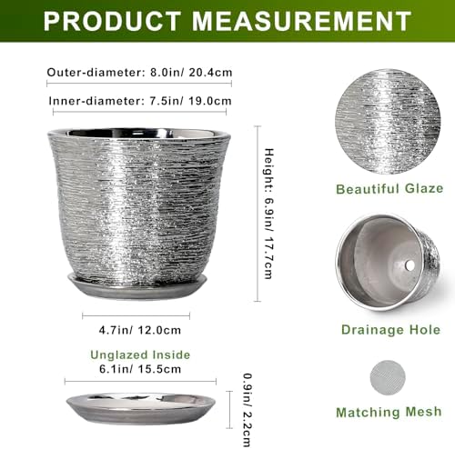 Ceramic Pots for Plants, 8 Inch Plant Pot with Drainage, Silver - Image 2
