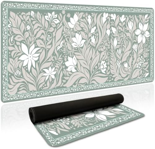 Vintage Botanical Desk Mat, 35.4 x 15.7 Inch XXL Sage Green Mouse Pad by HUADO