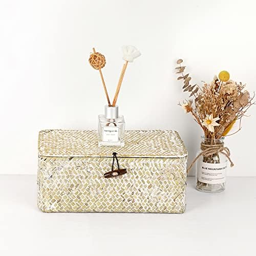 Hipiwe Small Woven Wicker Shelf Basket Bin with Lid Natural Seagrass Basket - Image 4