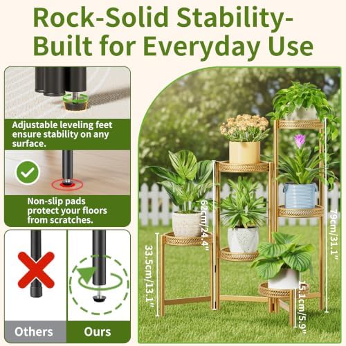 6 Tiered Plant Stand Indoor for Multiple Large Planter, Tall Heavy Duty Adjustable Folding Rack with Rustproof 7.9 Inch Wide Tray, Plant Shelf for Corner Living Room - GoldWave - Image 3