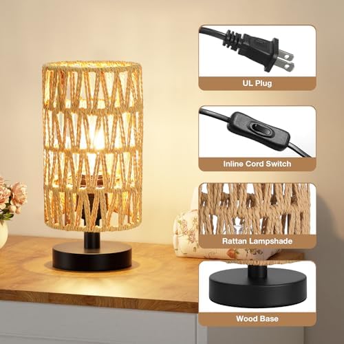Fenmzee Table Lamps (Rattan Rope Shade - Black Base, 9" Inline Control) - Image 2