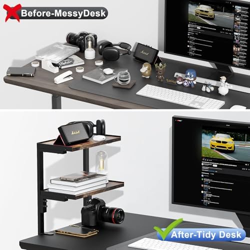 Spacrea Clamp on Desk Shelf, 2 Tier Office Desk Shelves Organizer, Wood Desktop Supplies Storage Rack, Desk Organizers and Accessories (Wood) - Image 3